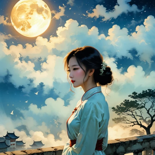 hanfu,moonlit night,moonlit,ugetsu,maiko,hoshihananomia,geiko,japanese woman,geisha girl,hanbok,moonlight,moondragon,moonlighters,blue moon rose,yanzhao,moon night,jianying,japanese art,geisha,chun,Illustration,Paper based,Paper Based 12