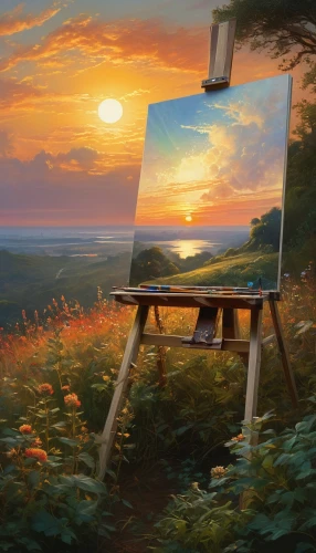 landscape background,chair in field,donsky,easel,inness,oil painting,art painting,summer evening,painting technique,world digital painting,easels,home landscape,rural landscape,photo painting,landscape,painter,impressionism,painting,italian painter,oil painting on canvas,Conceptual Art,Fantasy,Fantasy 05