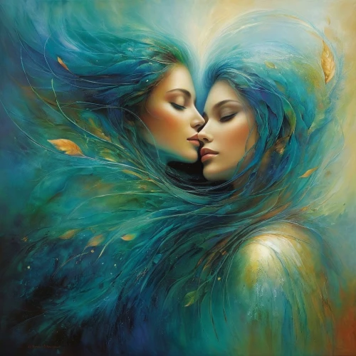 rhinemaidens,amantes,garamantes,mirror of souls,vivants,wlw,romantic portrait,savickas,mother kiss,orions,girl kiss,oil painting on canvas,eckmann,harmoniously,sensations,caresse,swirlgirls,priestesses,dreamscapes,fantasy art,Conceptual Art,Daily,Daily 32