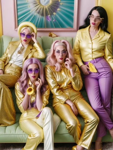 bananarama,austra,fembots,gold and purple,purple and gold,electropop,pantsuits,stereogum,velvelettes,popmatters,goldtron,lachapelle,goldbergs,yellow jumpsuit,badescu,abba,temptresses,polyester,furies,priestesses