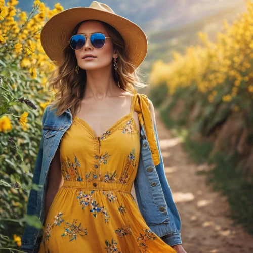 yellow jumpsuit,yellow sun hat,sunflower field,yellow daisies,yellow and blue,girl in flowers,sunflowers,vintage floral,beautiful girl with flowers,women fashion,giada,yellow garden,country dress,women clothes,esalen,high sun hat,travel woman,yellow flowers,colorful floral,blue floral,Photography,General,Commercial