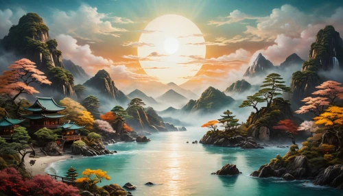 fantasy landscape,fantasy picture,world digital painting,landscape background,an island far away landscape,fantasy art,mountainous landscape,3d fantasy,mountain landscape,nature background,mountain world,futuristic landscape,mountain scene,alien world,mushroom landscape,virtual landscape,alien planet,fractal environment,nature landscape,cartoon video game background,Photography,General,Fantasy