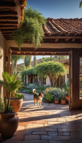 outdoor dog,roof landscape,digital painting,breezeway,hacienda,patios,home landscape,florida home,beautiful home,lanai,courtyards,palmilla,ojai,landscaping,shiba,carport,world digital painting,idyllic,courtyard,patio,Photography,Documentary Photography,Documentary Photography 22