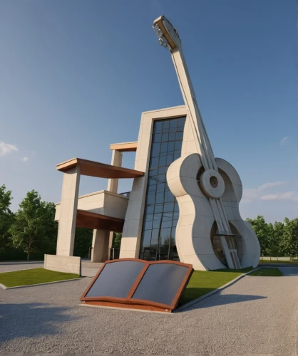 guitar easel,3d rendering,sketchup,mobile sundial,guitar bridge,guitarra,music conservatory,modern architecture,cubic house,guitars,steel sculpture,theorbo,renderings,electric guitar,futuristic art museum,musical instrument,stringed instrument,revit,sun dial,string instruments,Photography,General,Realistic