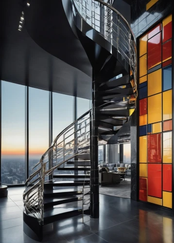 steel stairs,spiral staircase,penthouses,spiral stairs,lofts,stairwells,stairwell,glass wall,fire escape,staircase,staircases,outside staircase,winding staircase,shipping containers,the observation deck,glass facade,glass facades,interior modern design,sky apartment,structural glass,Art,Artistic Painting,Artistic Painting 43