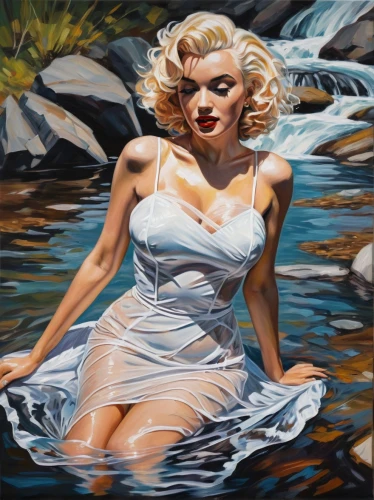 the blonde in the river,marilyn monroe,marylin monroe,marylyn monroe - female,girl on the river,marylin,connie stevens - female,vanderhorst,marilynne,whitmore,marilyn,flowing water,oil painting,oil painting on canvas,bather,streamside,washerwoman,daines,domergue,blondeau,Conceptual Art,Oil color,Oil Color 08