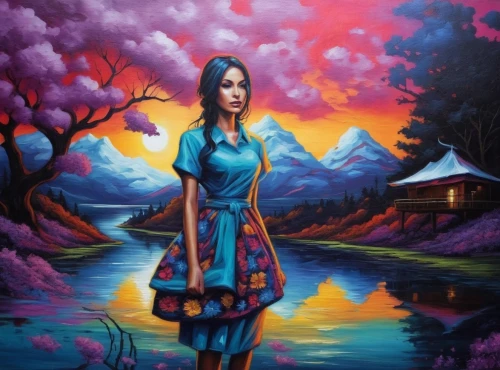 girl on the river,girl with tree,jasinski,oil painting on canvas,mystical portrait of a girl,indigenous painting,kateri,art painting,navajo,pocahontas,flamenca,mexican painter,oil painting,bohemian art,anishinabe,welin,young woman,fantasy picture,pintura,fantasy art,Illustration,Realistic Fantasy,Realistic Fantasy 25