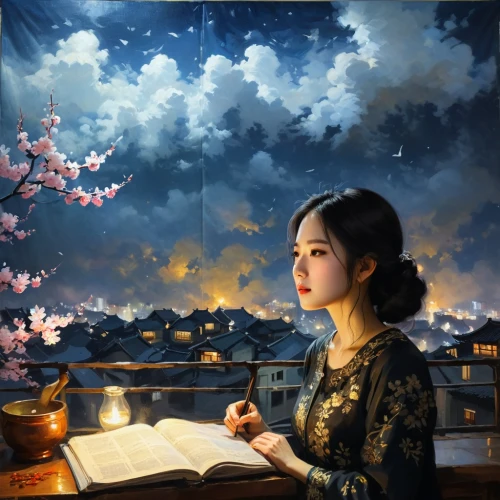 jianfeng,little girl reading,girl studying,hoshihananomia,jianying,the cherry blossoms,japanese art,youliang,yanzhao,wenzhao,zuoying,jianxing,sizhao,cherry blossoms,suzong,chuseok,fantasy picture,han thom,guqin,world digital painting,Conceptual Art,Oil color,Oil Color 12