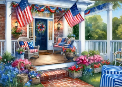 front porch,porch,summer cottage,country cottage,white picket fence,seaside country,porch swing,homefront,summer border,americana,country house,cottage,4th of july,fourth of july,patriotically,home landscape,flags and pennants,housedress,new england style house,sunroom