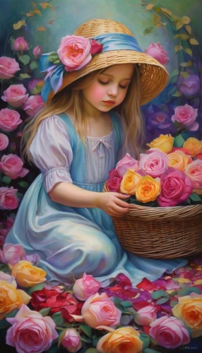 girl picking flowers,flower painting,girl in flowers,picking flowers,oil painting on canvas,splendor of flowers,flowers in basket,oil painting,beautiful girl with flowers,gekas,girl in the garden,art painting,colorful roses,flower basket,watercolor roses and basket,flower background,fabric painting,blooming roses,flower girl,pittura,Illustration,Realistic Fantasy,Realistic Fantasy 30