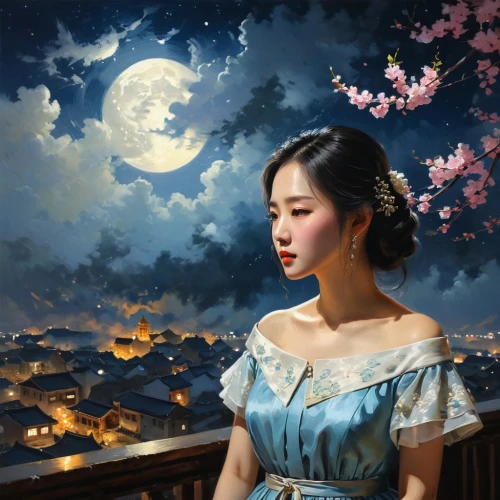 chuseok,vietnamese woman,chun,moonlit night,hanbok,japanese woman,geisha,xiaofei,yanzhao,jianying,geisha girl,shaoxuan,night-blooming jasmine,asian woman,maiko,jianwen,xueying,zhiyuan,qianwen,xiaomei,Conceptual Art,Oil color,Oil Color 12