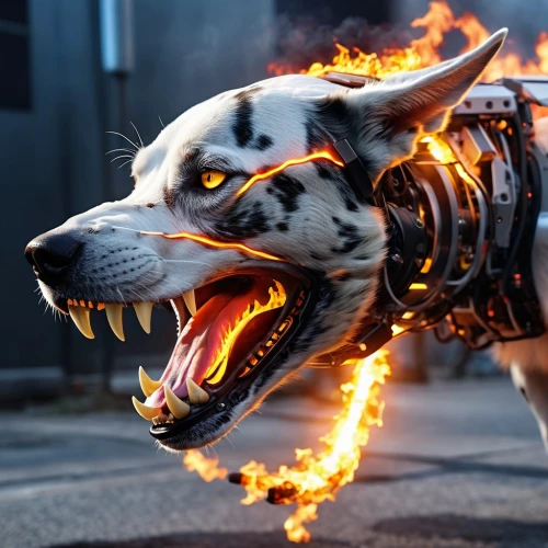 hellhound,thorgal,fire horse,cyberdog,hottiger,dogfighter,rogue dog,foxhound,wolstein,running dog,krypto,fire breathing dragon,cerberus,barghuti,armored animal,shibergan,dalmatian,barghest,firecat,street dog,Photography,General,Realistic