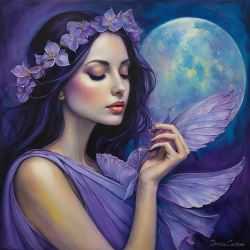 purple moon,butterfly lilac,faerie,blue moon rose,faery,moonflower,la violetta,diwata,moonbeams,dreamtime,fairie,lilac blossom,julia butterfly,moonchild,moonbeam,fairy queen,violeta,dreamscapes,rosa 'the fairy,blue moon,Illustration,Realistic Fantasy,Realistic Fantasy 30