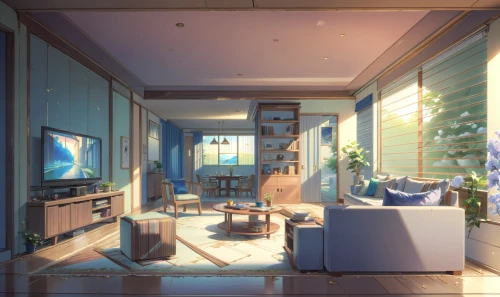 modern room,apartment,sky apartment,roominess,an apartment,livingroom,blue room,japanese-style room,sunroom,shared apartment,living room,beauty room,interior design,home interior,boy's room picture,appartement,apartment lounge,kitchen interior,interior modern design,clubroom,Anime,Anime,Realistic