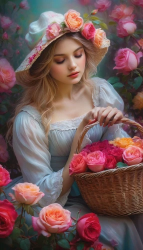 blooming roses,flowers in basket,girl in flowers,splendor of flowers,girl picking flowers,romantic rose,scent of roses,watercolor roses and basket,beautiful girl with flowers,wild roses,pink roses,colorful roses,flower painting,way of the roses,rosebushes,flower basket,with roses,fantasy picture,landscape rose,rose flower illustration,Conceptual Art,Daily,Daily 32