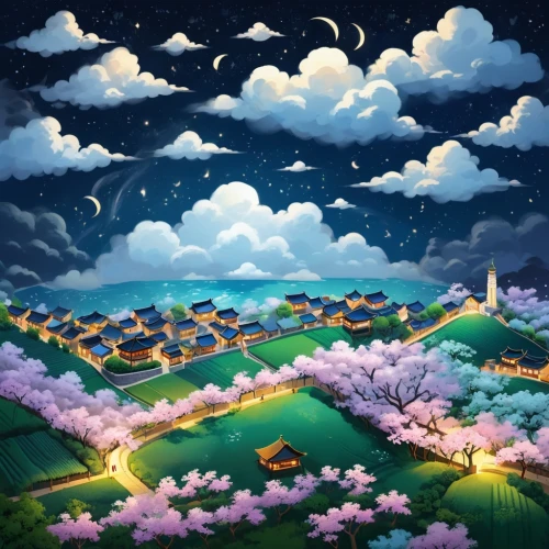 mushroom landscape,aurora village,township,blooming field,chiyonofuji,japanese sakura background,chuseok,miyazaki,home landscape,night scene,yazaki,cloudstreet,fantasy landscape,escher village,landscape background,fantasy city,roof landscape,yamada's rice fields,dreamsville,kaleidoscape,Unique,3D,Isometric