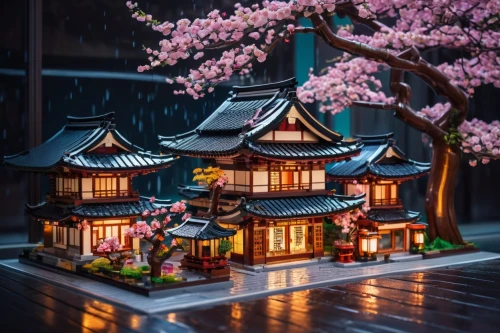 miniature house,japanese shrine,sakura tree,japanese sakura background,japanese lantern,sakura trees,kyoto,japanese restaurant,sakura blossoms,sakura blossom,asian architecture,japanese lamp,japan garden,illuminated lantern,bonsai,sakura flowers,japanese garden ornament,japanese-style room,hanami,sakura flower,Illustration,Abstract Fantasy,Abstract Fantasy 13