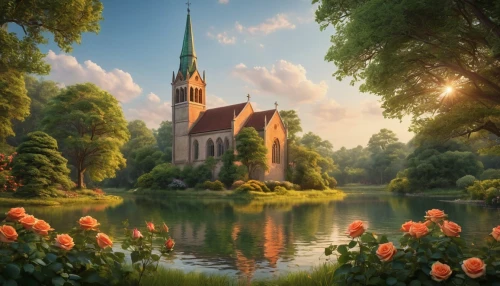 church painting,fairytale castle,fairy tale castle,landscape background,fantasy picture,beautiful landscape,allemagne,netherland,gothic church,evangelischen,fantasy landscape,bavaria,springtime background,sunken church,nature background,germany,idyllic,idyll,splendor of flowers,alsace,Photography,General,Cinematic