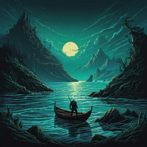 boat landscape,fjord,fantasy picture,seadrift,the endless sea,cave on the water,el mar,shipwreck,emerald sea,adrift,fantasy landscape,fisherman,world digital painting,fjords,fantasy art,ocean,oxenhorn,moonsorrow,sea night,canoe,Illustration,Realistic Fantasy,Realistic Fantasy 25