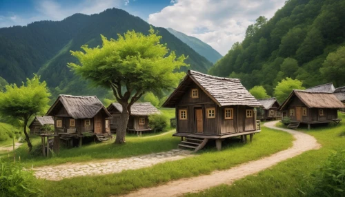 wooden houses,mountain huts,longhouses,boardinghouses,korean folk village,mountain village,bunkhouses,alpine village,huts,mountain settlement,cabins,log home,house in mountains,stilt houses,chalets,treehouses,log cabin,hanging houses,wooden hut,home landscape,Conceptual Art,Daily,Daily 32