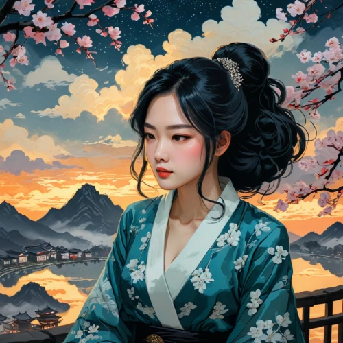 yukata,geisha,geisha girl,japanese art,kimono,japanese woman,chuseok,maiko,hanbok,kommuna,yanzhao,jianying,oriental girl,japanese floral background,huayi,japanese sakura background,mulan,oriental,geiko,hanfu,Illustration,Black and White,Black and White 12