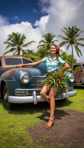 classic car and palm trees,polynesian girl,hawaiiana,girl and car,tahitians,liliuokalani,wahine,hula,blue hawaii,menehune,imiloa,waialua,polynesians,raiatea,micronesian,mokulele,kaahumanu,aloha,lehua,lihue,Conceptual Art,Fantasy,Fantasy 04