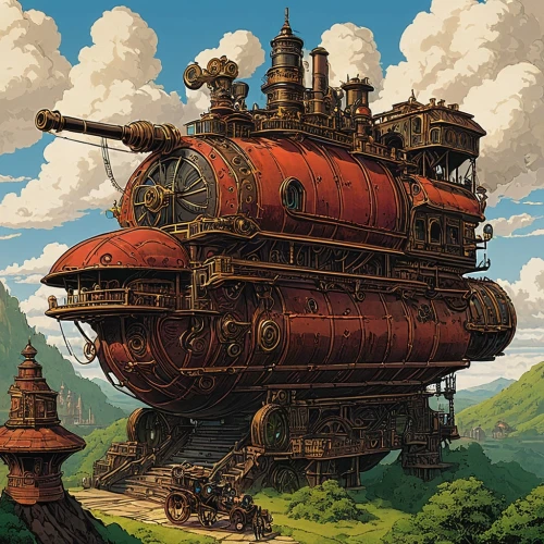 steamboy,steampunk,airships,skyship,airship,ghibli,studio ghibli,landship,merchant train,steam engine,siegbahn,train wagon,steam locomotive,wooden train,caravel,air ship,locomotive,sedensky,steam locomotives,technodrome,Illustration,Japanese style,Japanese Style 05