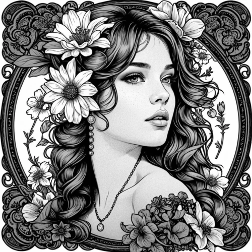 floral silhouette frame,bardot,margaery,floral frame,persephone,boho art style,flower frame,floral wreath,rosson,girl in flowers,line art wreath,mucha,henna frame,gardenias,viveros,frame border illustration,art nouveau frame,rose flower illustration,flowers frame,ivy frame,Design Sketch,Design Sketch,Black and white Comic