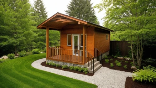 small cabin,grass roof,greenhut,landscaped,wooden decking,inverted cottage,artificial grass,summer cottage,3d rendering,miniature house,wooden house,small house,landscape design sydney,decking,garden elevation,garden shed,landscape designers sydney,timber house,landscaping,summerhouse,Photography,General,Realistic