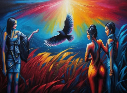 indigenous painting,archangels,shamanic,pentecost,mulawin,anishinabe,shamanism,skyclad,ojibway,oil painting on canvas,phoenixes,pentecostalist,mythography,vivants,mediumship,sacred art,descendance,tribes,firehawks,holy spirit,Illustration,Realistic Fantasy,Realistic Fantasy 25