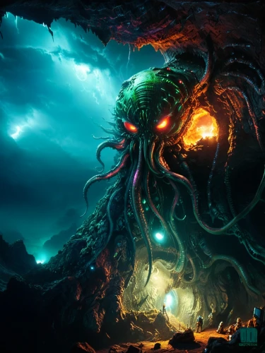 cthulhu,aamoth,azathoth,gravemind,kraken,kalhora,shravana,kadath,god of the sea,vaal,ravana,mahavatar,malom,eidolon,cuthulu,nidaros,elashyi,brygada,nidularium,lovecraftian,Illustration,Realistic Fantasy,Realistic Fantasy 06