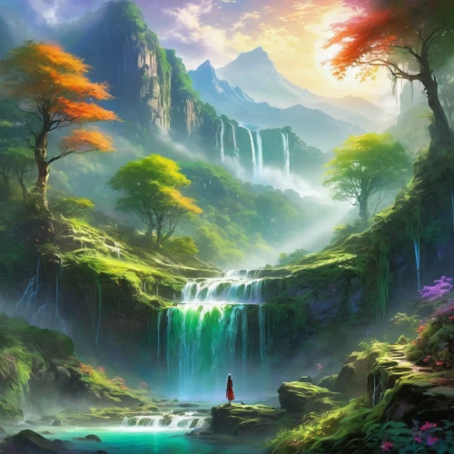 fantasy landscape,landscape background,nature background,fantasy picture,nature wallpaper,forest landscape,nature landscape,waterfall,fairy world,cartoon video game background,alfheim,waterfalls,colorful background,fairy forest,forest background,beautiful wallpaper,elven forest,mountain landscape,full hd wallpaper,world digital painting,Conceptual Art,Oil color,Oil Color 03