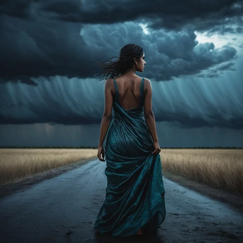 girl in a long dress,photo manipulation,girl walking away,stormy blue,photomanipulation,woman walking,photoshop manipulation,girl in a long dress from the back,tempestuous,stormy sky,conceptual photography,dramatic sky,effluvia,storm,nightdress,wuthering,storms,woman thinking,monsoon,passion photography,Photography,Documentary Photography,Documentary Photography 08