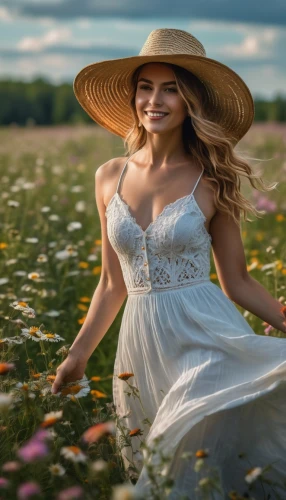 countrywomen,beautiful girl with flowers,girl in flowers,countrywoman,country dress,countrygirl,yellow sun hat,high sun hat,sun hat,springtime background,celtic woman,woman of straw,meadow flowers,the hat of the woman,field of flowers,flower girl,girl in a long dress,flower hat,farm girl,straw hat,Photography,General,Fantasy