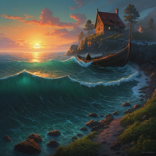 sea landscape,fantasy picture,fantasy landscape,coastal landscape,boat landscape,world digital painting,landscape background,shipwreck,shipwrecked,fantasy art,donsky,sea fantasy,an island far away landscape,the endless sea,fisherman's house,house of the sea,seascape,ocean background,eventide,emerald sea,Illustration,Realistic Fantasy,Realistic Fantasy 27