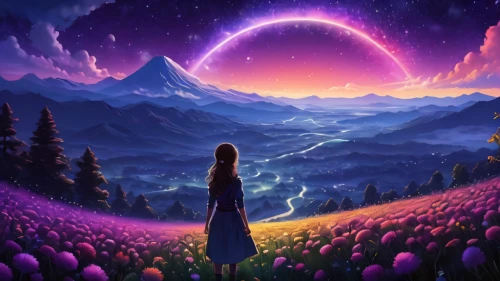 purple landscape,purple moon,fantasy landscape,fantasy picture,starclan,moon and star background,dreamscape,valley of the moon,landscape background,wavelength,alien planet,purple wallpaper,ultraviolet,purple,alien world,wonderlands,wall,purpureum,lunar landscape,dusk background,Illustration,Japanese style,Japanese Style 05