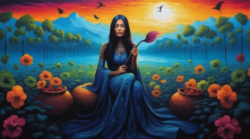 dubbeldam,mother earth,fantasy art,shamanic,inanna,oshun,baoshun,hecate,fantasy picture,shamanism,bohemian art,indigenous painting,nephthys,persephone,melusine,sorceress,blue enchantress,raices,mystical portrait of a girl,amphitrite,Illustration,Realistic Fantasy,Realistic Fantasy 25