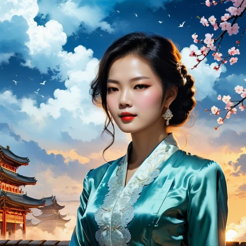 hanfu,oriental princess,oriental,oriental girl,oriental painting,chuseok,hanbok,world digital painting,yanzhao,goryeo,rongfeng,daiyu,zhiyuan,geisha girl,japanese sakura background,korean culture,wenzhao,the plum flower,plum blossom,plum blossoms,Illustration,Paper based,Paper Based 12