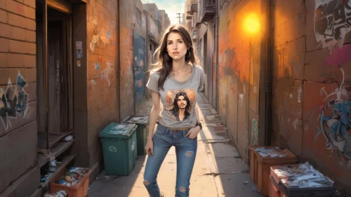 alley,jeans background,girl walking away,girl in t-shirt,alleyway,alleys,woman walking,alleyways,creative background,alita,photoshop manipulation,portrait background,alley cat,ruelle,laneways,marzia,vause,adnate,world digital painting,compositing