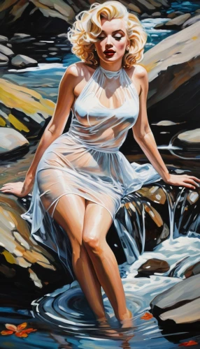 the blonde in the river,marilyn monroe,domergue,girl on the river,marylin monroe,marylin,marylyn monroe - female,marilyn,rosenquist,marilynne,connie stevens - female,dazzler,floating on the river,buoyant,currin,emshwiller,fisherwoman,fischl,girl on the boat,the sea maid,Conceptual Art,Oil color,Oil Color 08