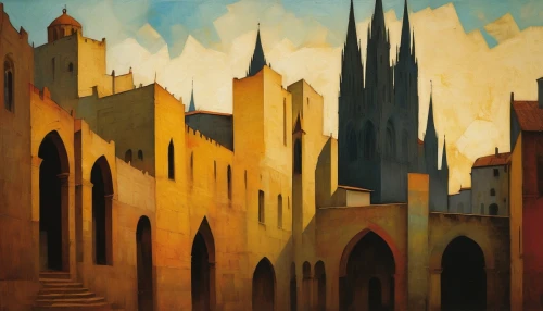 church painting,spires,metz,cathedrals,sagrada,matthias church,gaudi,steeples,cathedral,gothic church,city scape,townscape,notredame,church towers,city of münster,theed,siena,buttresses,overpainting,medieval street,Conceptual Art,Oil color,Oil Color 12