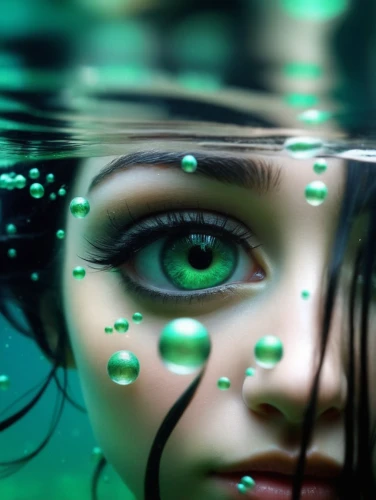 immersed,submersed,pond lenses,submerge,precognition,cybernetically,submerged,underwater background,green bubbles,transhuman,mirror of souls,cyberspace,under the water,submerging,naiad,women's eyes,fluidic,cybernetic,holography,under water,Conceptual Art,Fantasy,Fantasy 12