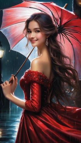 red rose in rain,umbrella,fantasy picture,parasol,red riding hood,fantasy art,queen of hearts,little red riding hood,umbrellas,little girl with umbrella,lady in red,fairy tale character,flamenca,red coat,red cape,effluvia,magicienne,belle,romantic rose,asian umbrella,Conceptual Art,Daily,Daily 32