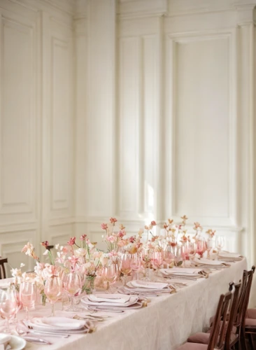 tablescape,table arrangement,dining room,table setting,long table,banqueting,centrepieces,bouley,breakfast room,dining table,banquettes,place setting,dining room table,table decoration,wedding hall,pink carnations,place cards,poshest,white room,rosecliff