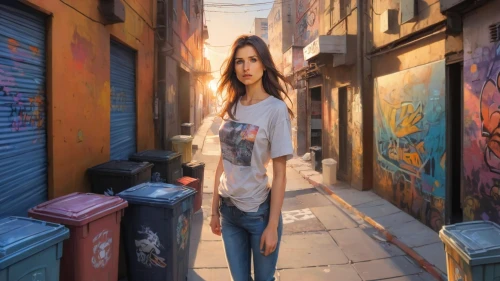 girl in t-shirt,donsky,world digital painting,girl walking away,alley,city ​​portrait,alleys,alleyway,alleyways,adnate,rone,photo painting,jeans background,alley cat,photoshop manipulation,digital painting,street life,woman walking,isolated t-shirt,alleycat