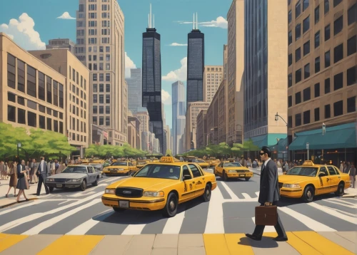 new york taxi,taxicabs,taxis,world digital painting,taxi cab,pedestrian,yellow taxi,taxicab,pedestrian crossing,pedestrianized,cityscapes,crosswalk,city scape,urbanworld,pedestrians,cityzen,salaryman,a pedestrian,tall buildings,yellow car,Illustration,Japanese style,Japanese Style 15