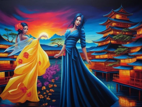 oriental painting,oriental princess,oriental,art painting,wenhao,oil painting on canvas,fantasy art,yimou,xueying,hanfu,yuanying,youliang,sichuanese,jianying,fantasy picture,qinghe,wenzhao,yuwen,yiping,welin,Illustration,Realistic Fantasy,Realistic Fantasy 25