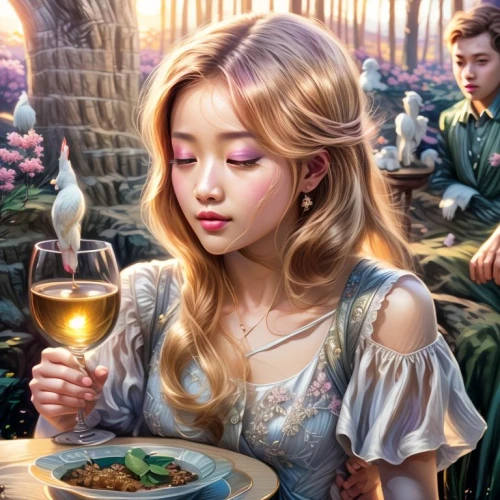 heatherley,sommelier,fantasy portrait,fantasy picture,girl with bread-and-butter,world digital painting,food and wine,donsky,fairy tale character,wine tavern,rapunzel,romantic portrait,digital painting,dirndl,dining,fantasy art,fine dining restaurant,bistro,romantic dinner,woman at cafe