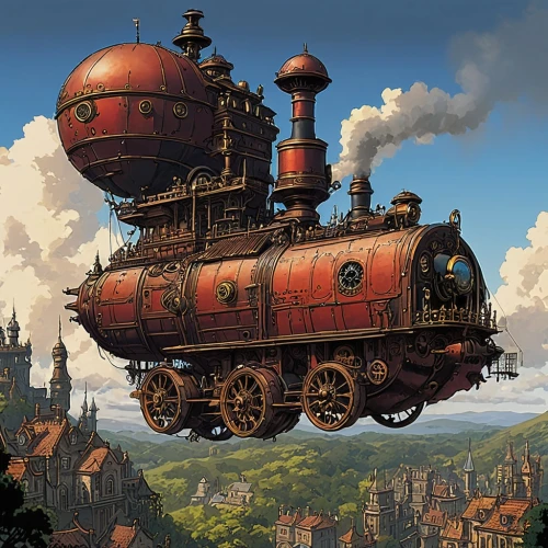 steampunk,merchant train,train wagon,steamboy,siegbahn,wooden train,locomotive,steamrollered,steam locomotive,airship,train engine,steam special train,ghost locomotive,steam engine,the train,ghibli,old train,trainmaster,steam locomotives,airships,Illustration,Japanese style,Japanese Style 05