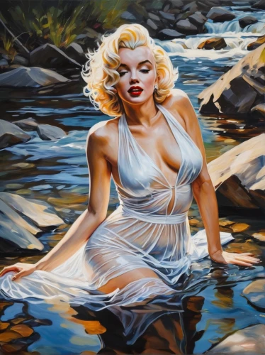 the blonde in the river,marilyn monroe,marylin monroe,marylyn monroe - female,girl on the river,vanderhorst,marylin,marilyn,oil painting,oil painting on canvas,marilynne,whitmore,monroe,connie stevens - female,flowing water,bather,merilyn monroe,streamside,washerwoman,struzan,Conceptual Art,Oil color,Oil Color 08